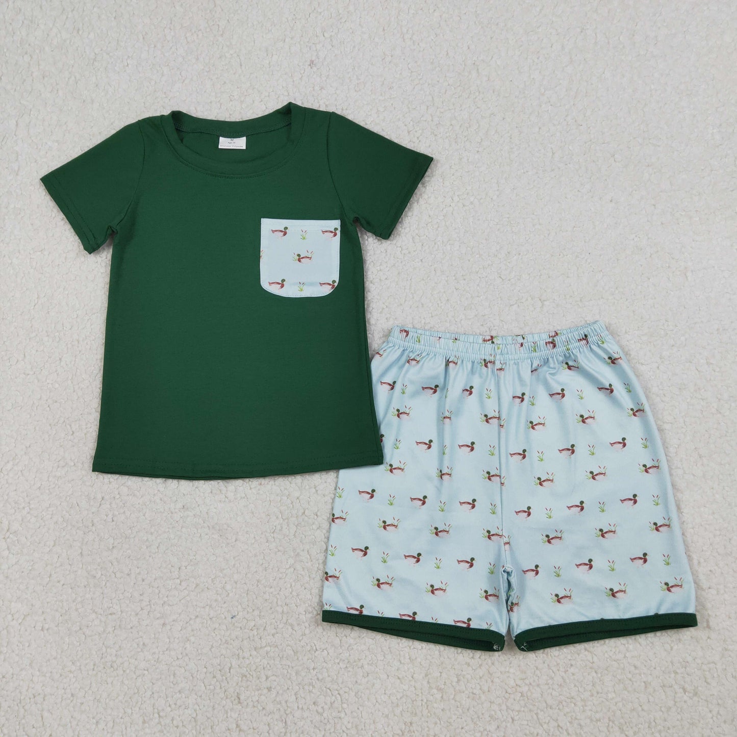 Baby Boys Kids Green Short Sleeves Pocket Shirt Ducks Shorts Clothes Set RTS