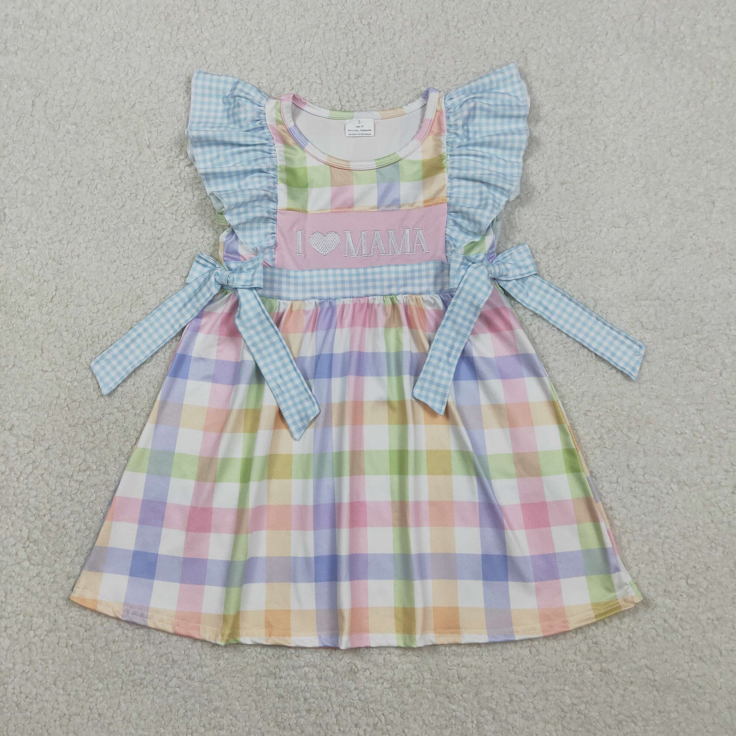 Baby Girls Kids Short Sleeves Embroidery I Love Mama Bows Plaid Knee Length Dress RTS