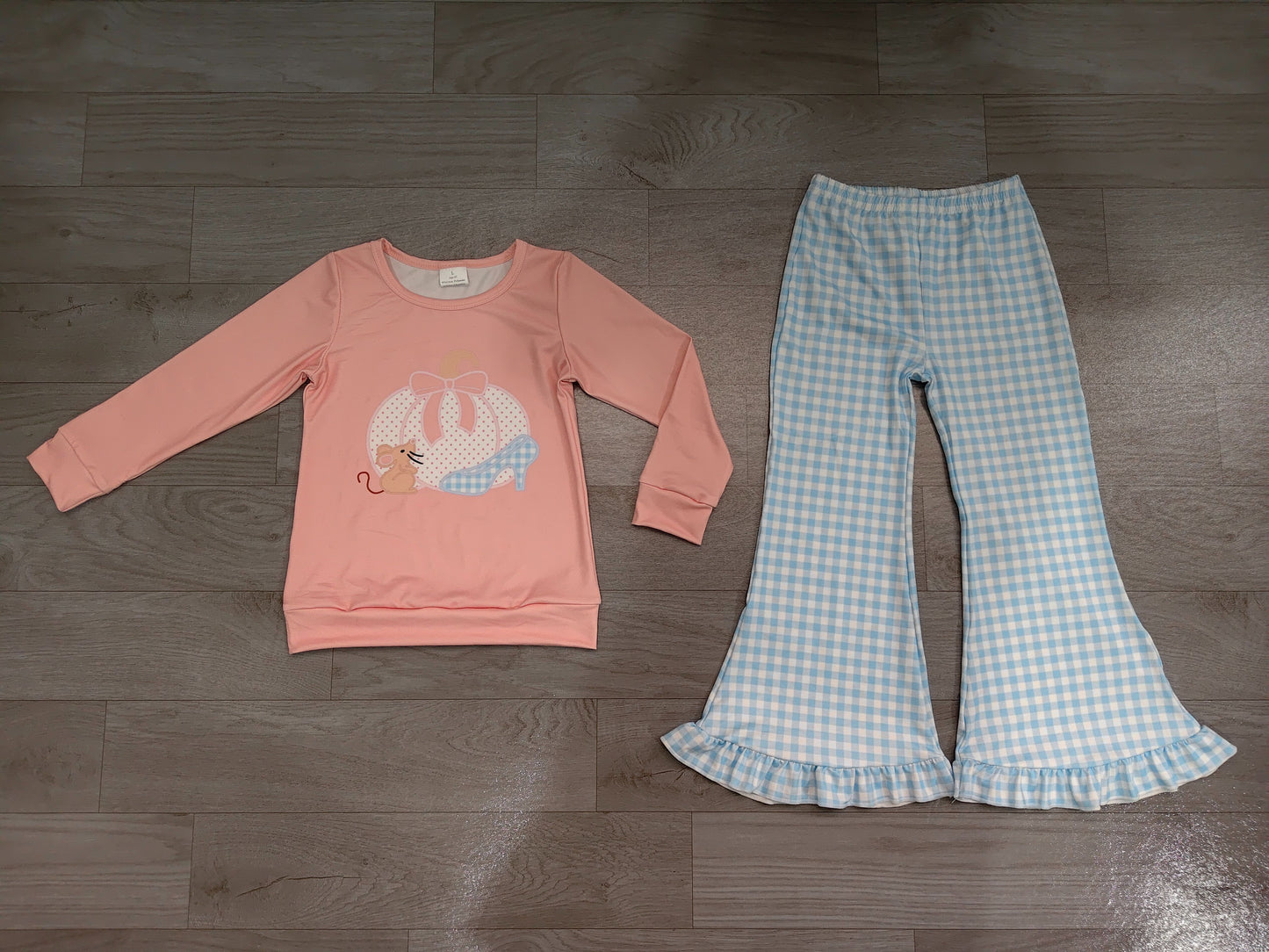 ( No moq ) Preorder Baby Girls Kids Pumpkin Bows Tops Blue Plaid Pants Set Fall Clothes