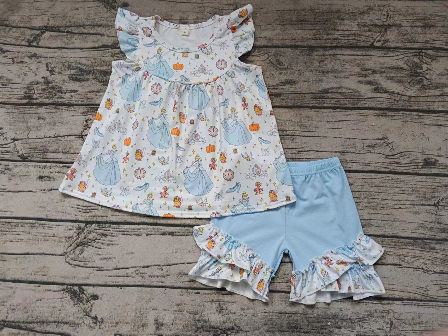 Moq 5 Baby Girl Short Sleeves Princess Pumpkin Tunic Blue Shorts Set