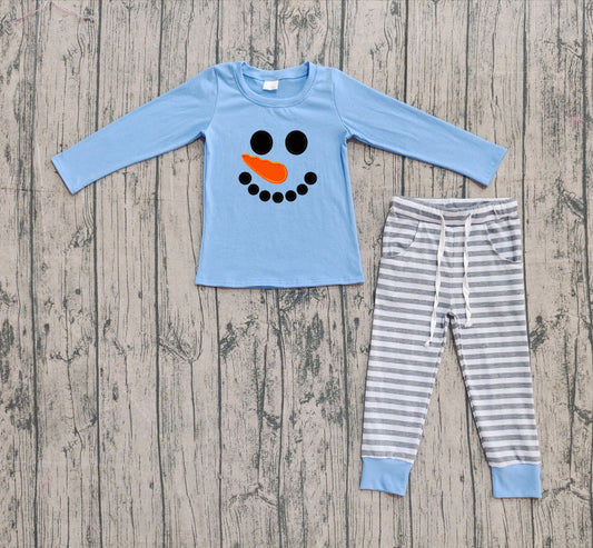 ( No moq ) Preorder Baby Boy Long Sleeves Embroidery Christmas Snowman Blue Shirt Stripes Pants Outfit