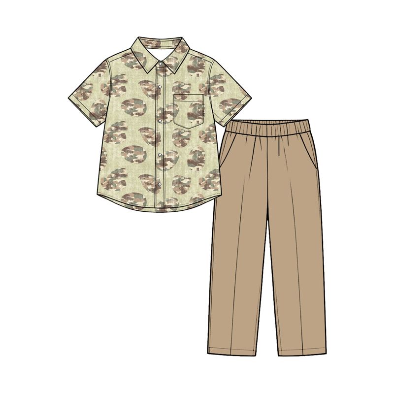 ( Moq 5 ) Preorder Baby Boys Kids Eggs Buttons Camo Shirt Pockets Pants Easter Set Clothes