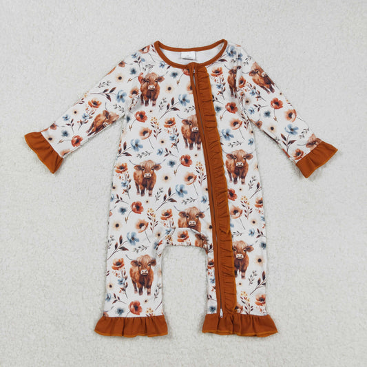 Baby Girl Long Sleeves Western Cow Flower Brown Ruffle Zipper Romper RTS