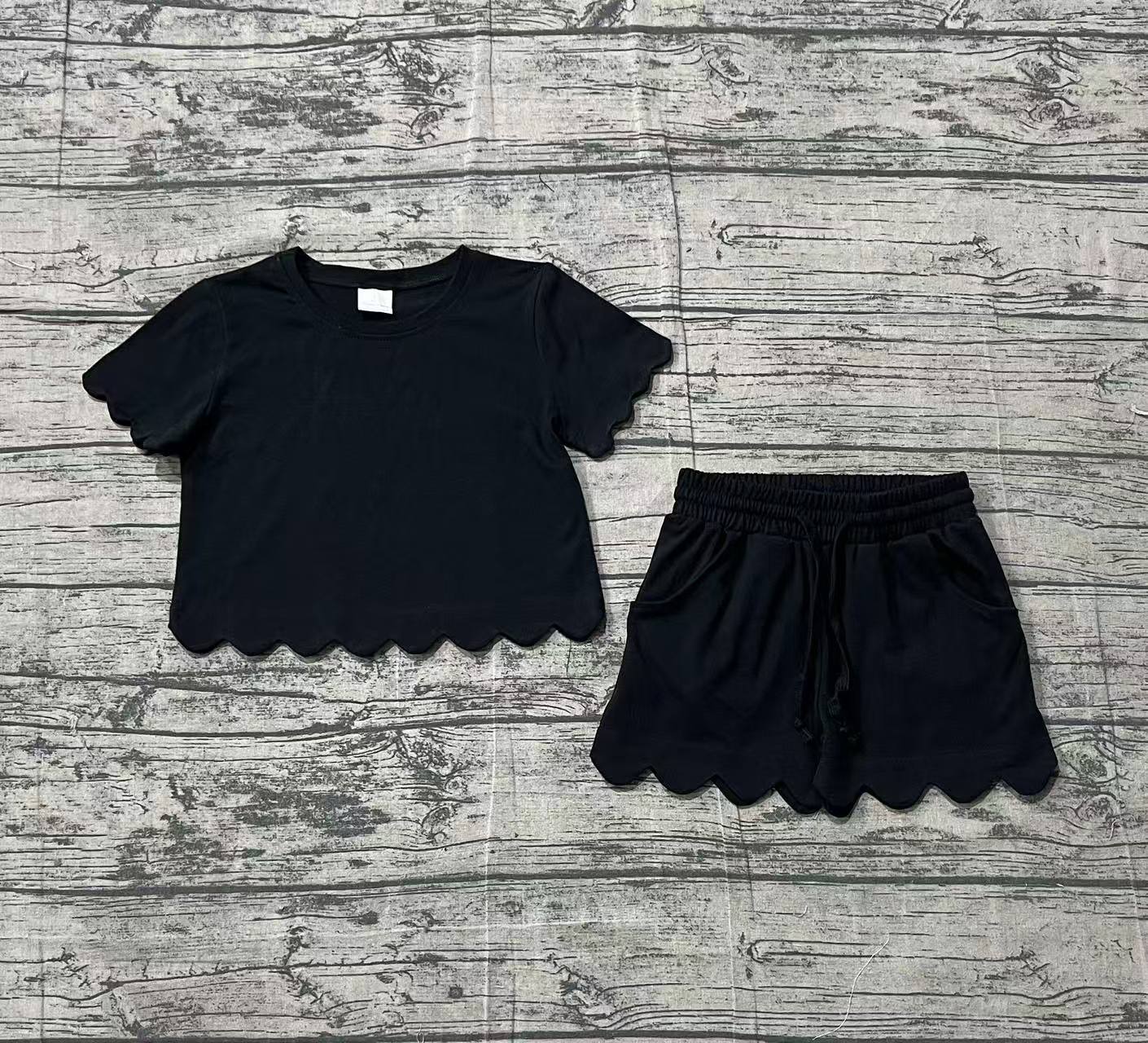 Baby Girls Kids Short Sleeves Black Shirt Scallop Shorts Summer Clothes Set RTS