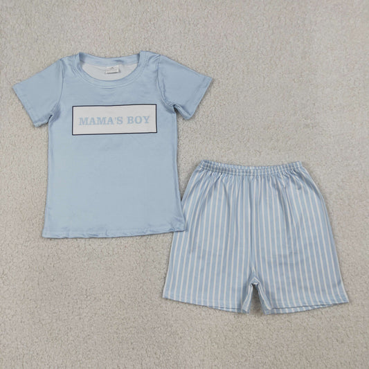 Baby Boys Toddler Short Sleeves Mama's Boy Shirt Blue Stripes Shorts Clothes Set RTS