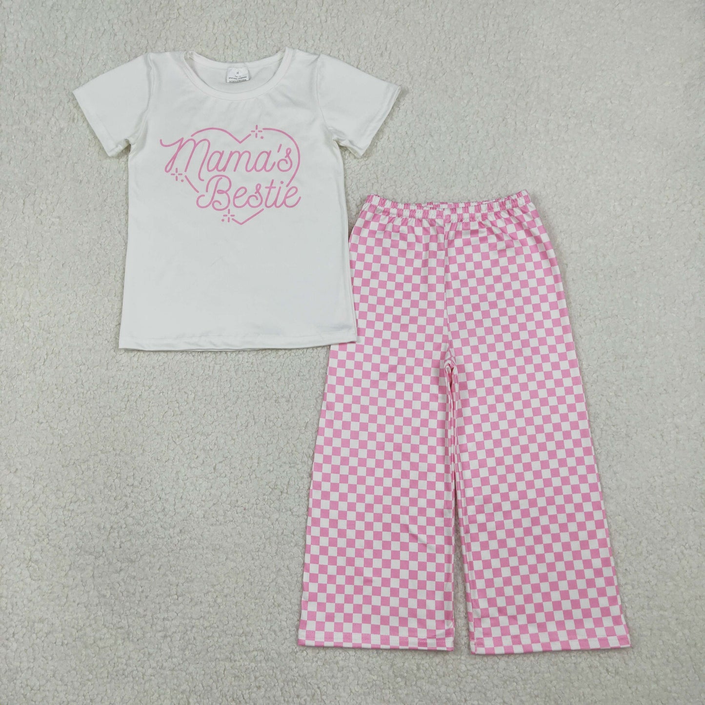 Baby Girls Short Sleeves Mama's Bestie Heart Shirt Pink Plaid Pants Clothes Set RTS