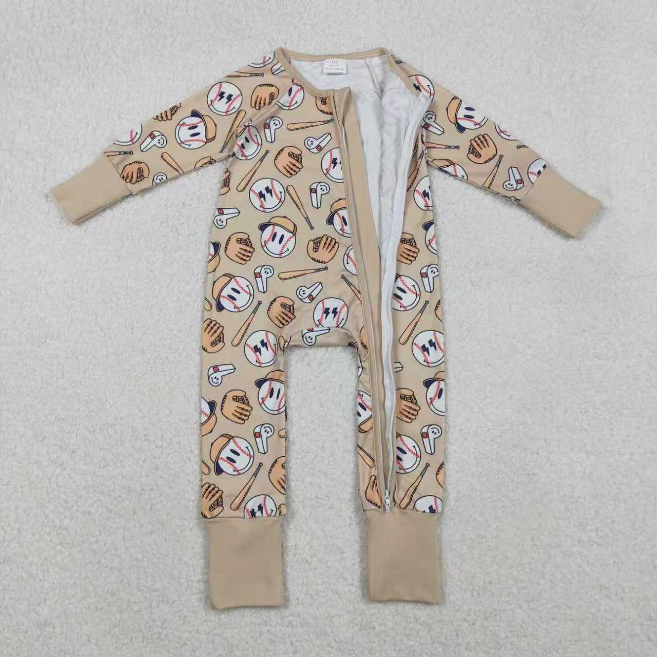Sibling Baby Boys Kids Long Sleeves Smile Baseball Zipper Footie Romper Pajamas Set RTS