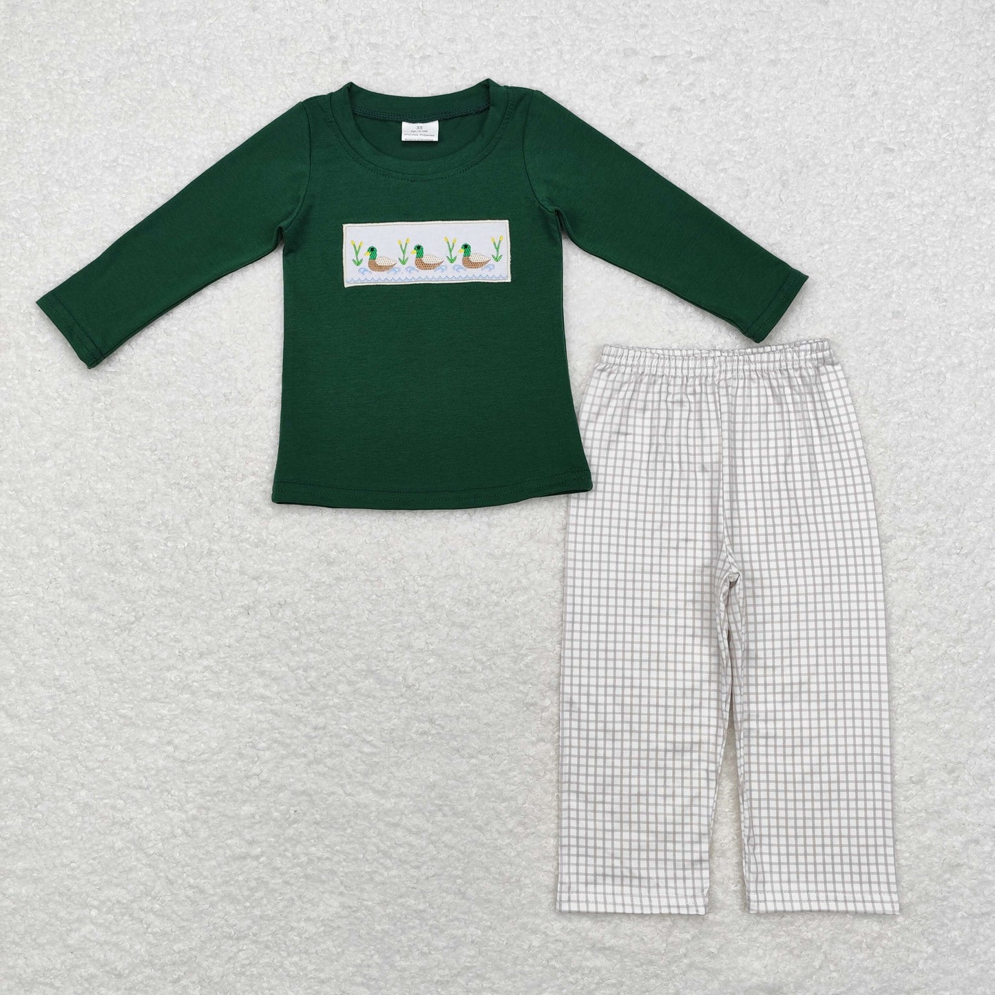 Baby Boy Long Sleeves Green Embroidery Ducks Shirt Pants Set