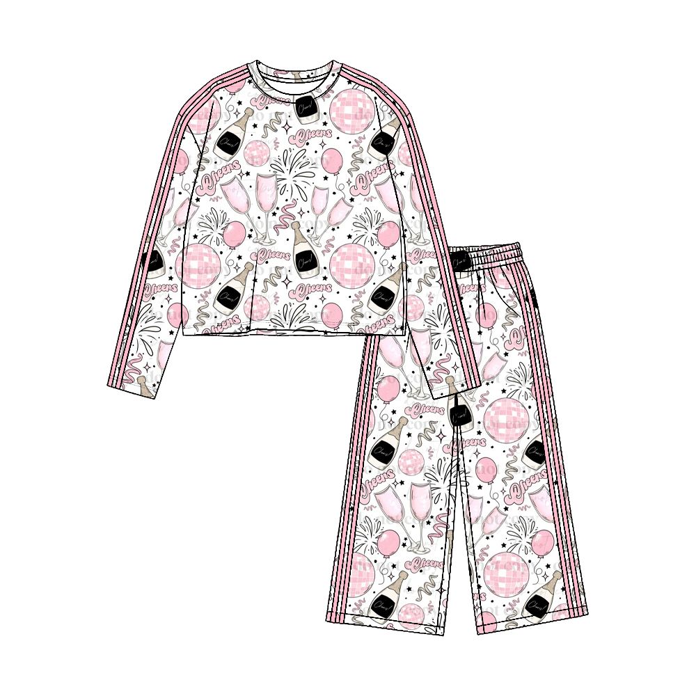 ( Moq 5 ) Preorder Baby Girls Kids Long Sleeves Shirt Pants Happy New Year Set Pink Yoga Active Clothes