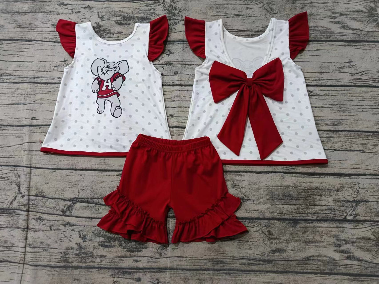 Baby Girl Short Sleeves Elephant Bow Tops Ruffle Shorts Team Set Moq 5