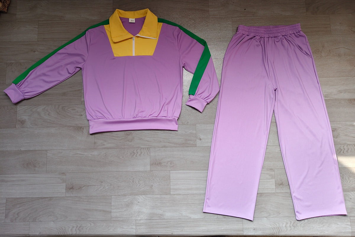 ( No moq ) Preorder Adult Women Zipper Shirt Pockets Pants Yoga Active Purple Set Mardi Gras Clothes
