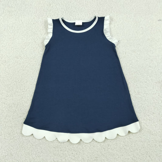 Baby Girls Kids Sleeveless White Scallop Knee Length Dress Blue Clothes RTS
