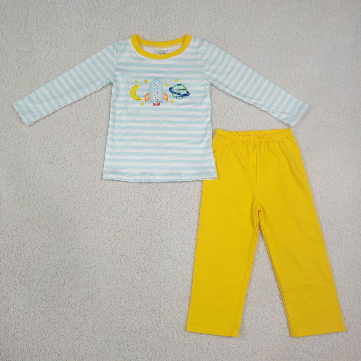 Baby Boys Kids Long Sleeves Embroidery Stripes Shirt Yellow Pajamas Set Clothes RTS
