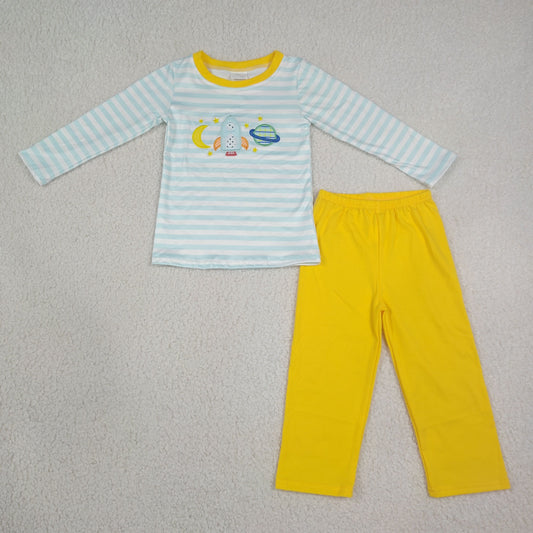 Baby Boys Kids Long Sleeves Embroidery Stripes Shirt Yellow Pajamas Set Clothes RTS