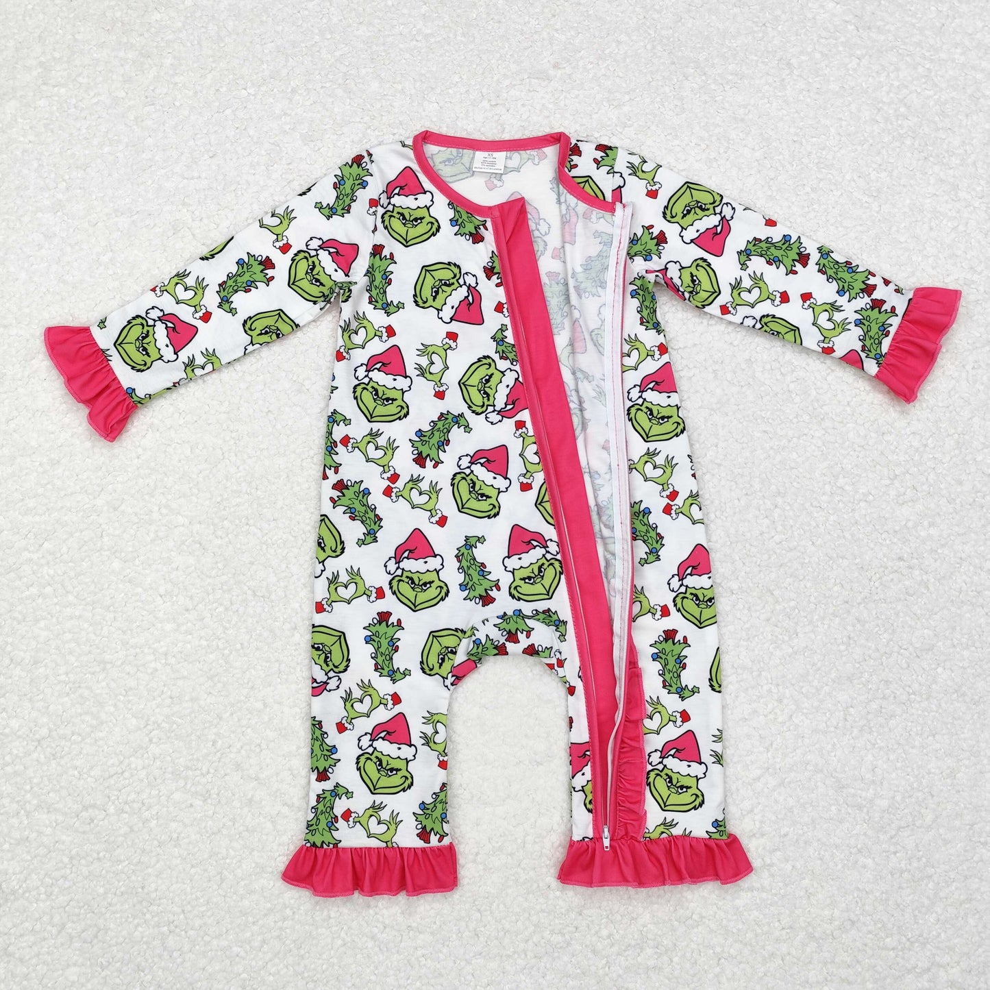 Baby Girl Long Sleeves Christmas Green Face Hearts Romper