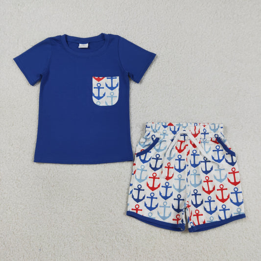 Baby Boys Kids Navy Short Sleeves Shirt Anchors Print Pockets Shorts 4th of July Set RTS