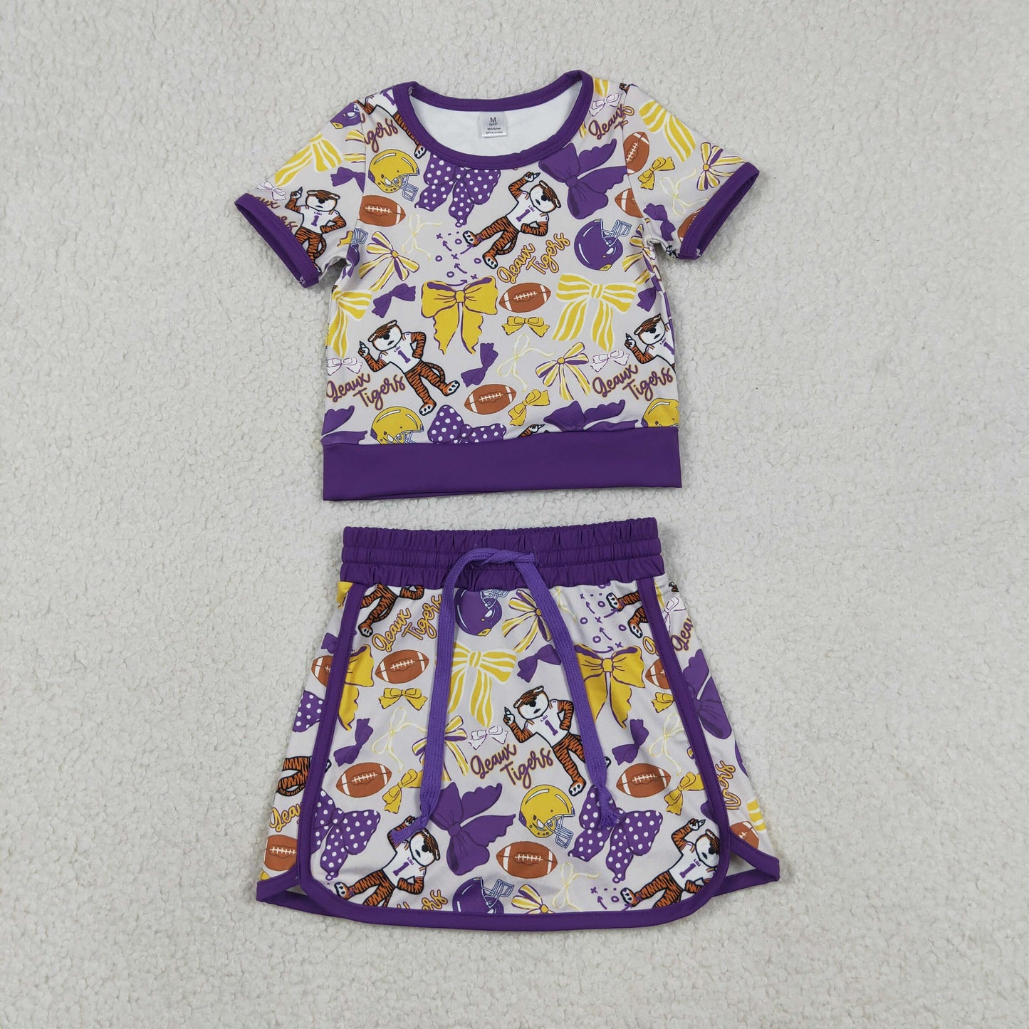 Baby Girls Toddler Short Sleeves Tigers Bows Football Team Shirt Shorts Yoga Purple Set RTS