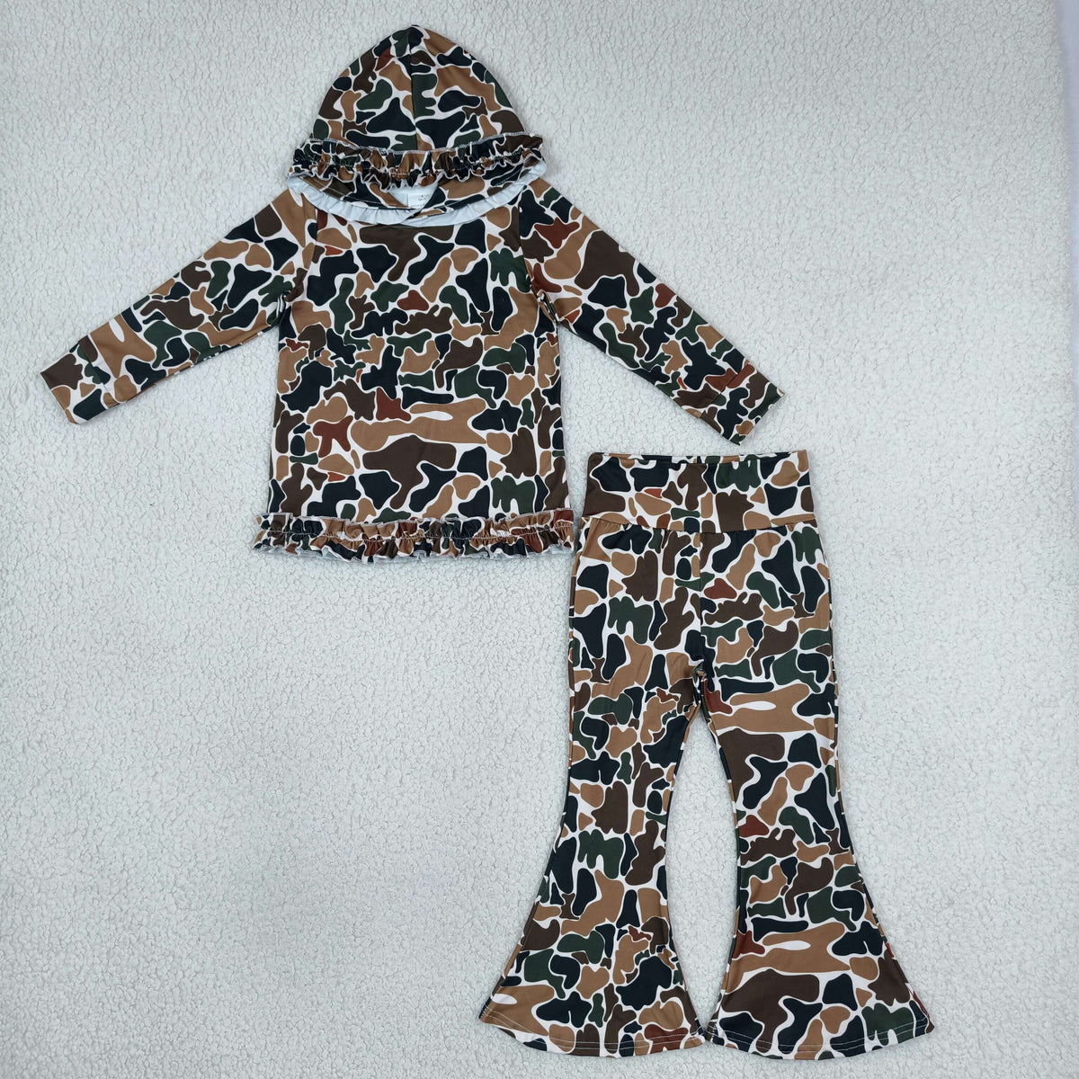 Baby Girls Long Sleeves Brown Green Camo Hoodie Pullover Bell Pants Clothes Set RTS