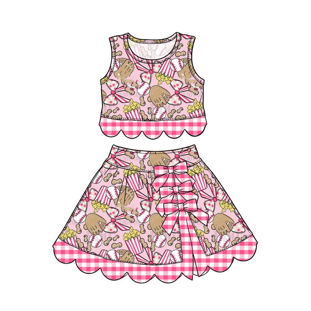 ( Moq 5 ) Preorder Baby Girls Kids Baseball Bows Tops Scallop Skirt Shorts Yoga Active Set Clothes RTS