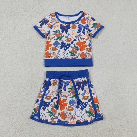 Baby Girls Toddler Short Sleeves Bows Football Team Shirt Shorts Yoga Blue Set RTS