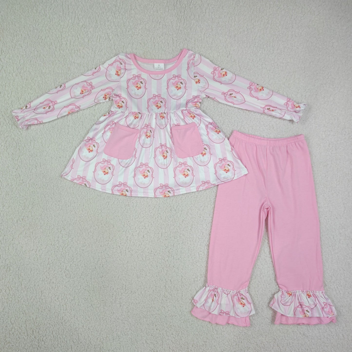Baby Girl Kids Christmas Santa Bows Stripes Pockets Tunic Pink Pants Set Clothes RTS