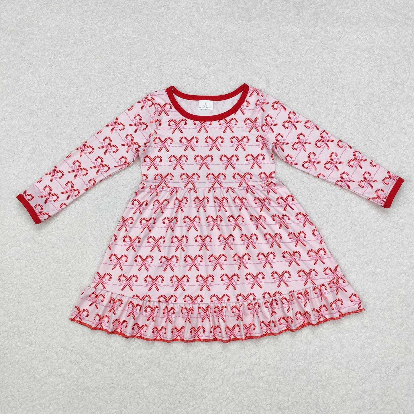 Baby Girl Long Sleeves Pink Bows Candy Cane Dress