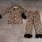 Baby Girls Kids Bats Leopard Bows Buttons Shirt Black Fur Pants Halloween Pajamas Set Clothes RTS