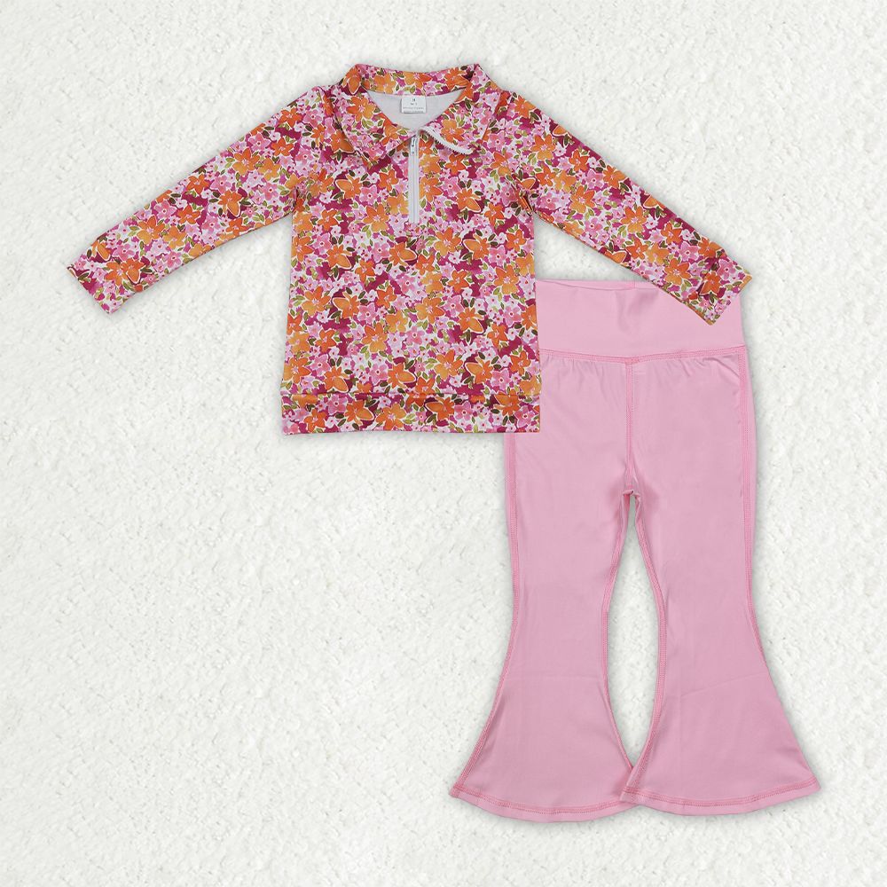 Baby Girls Long Sleeves Flower Zipper Shirt Pink Bell Pants Set Clothes RTS