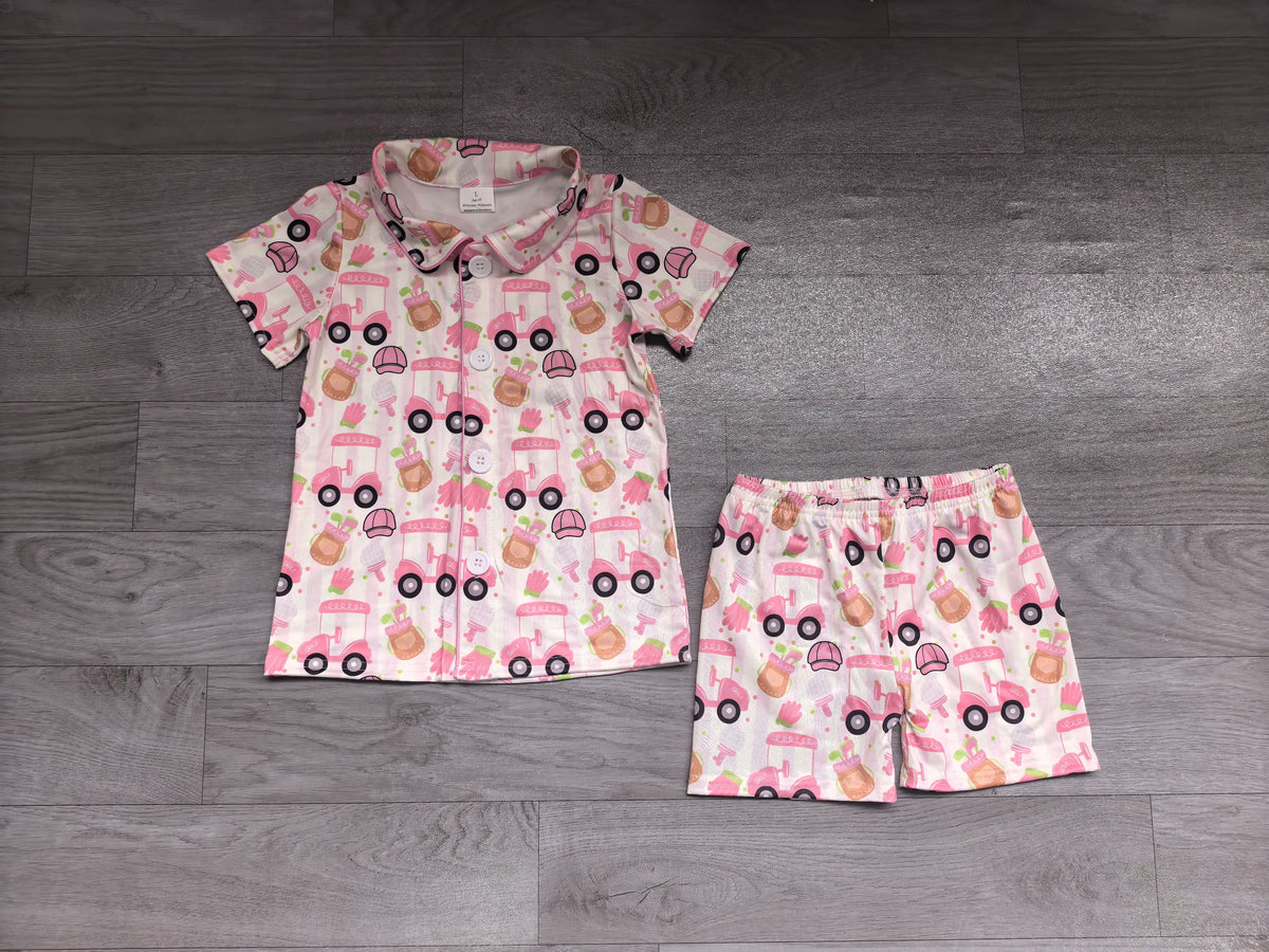 ( No moq ) Preorder Baby Girls Kids Short Sleeves Golf Trucks Buttons Shirt Shorts Set Pajamas Clothes
