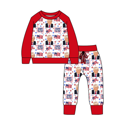 Baby Boy Red Long Sleeve Flag Shirt Pants Set Moq 5