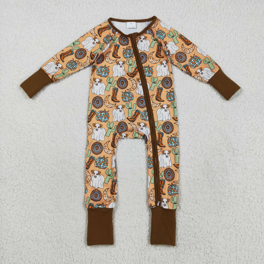 Baby Boy Long Sleeves Cow Cactus Boots Zipper Western Halloween Romper RTS