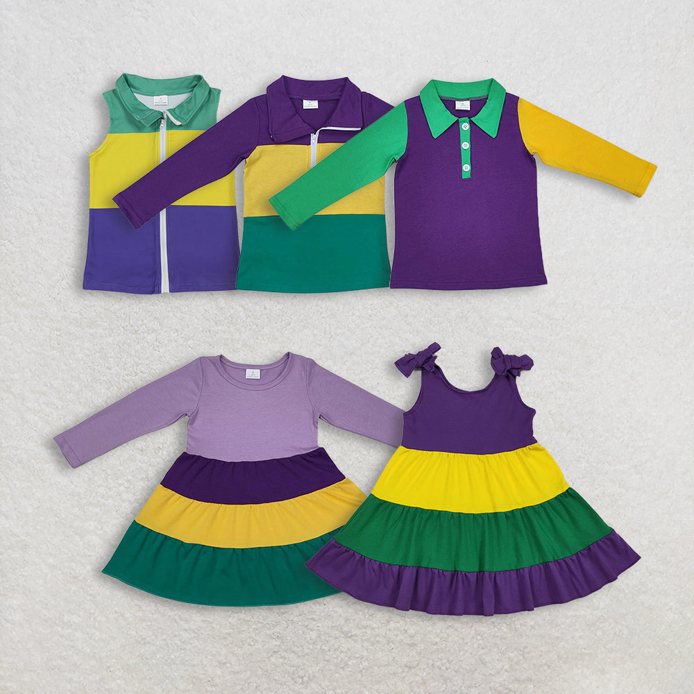 Sibling Baby Boys Girls Kids Mardi Gras Purple Green Yellow Print Shirts Dresses RTS