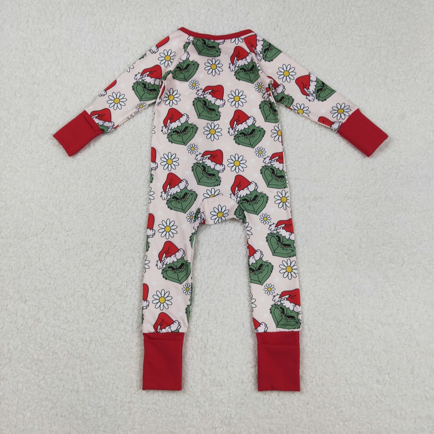Baby Girl Long Sleeves Green Face Flower Christmas Red Zipper Romper RTS