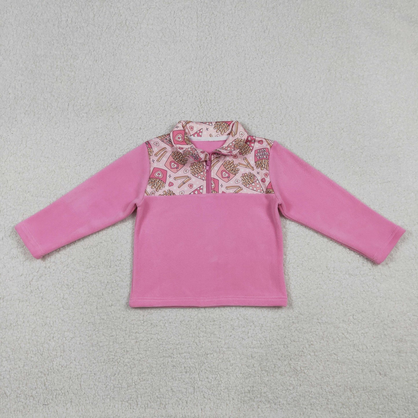 Baby Girls Pink Long Sleeves Chip Hearts Valentines Zipper Fleece Pullover Sweater RTS
