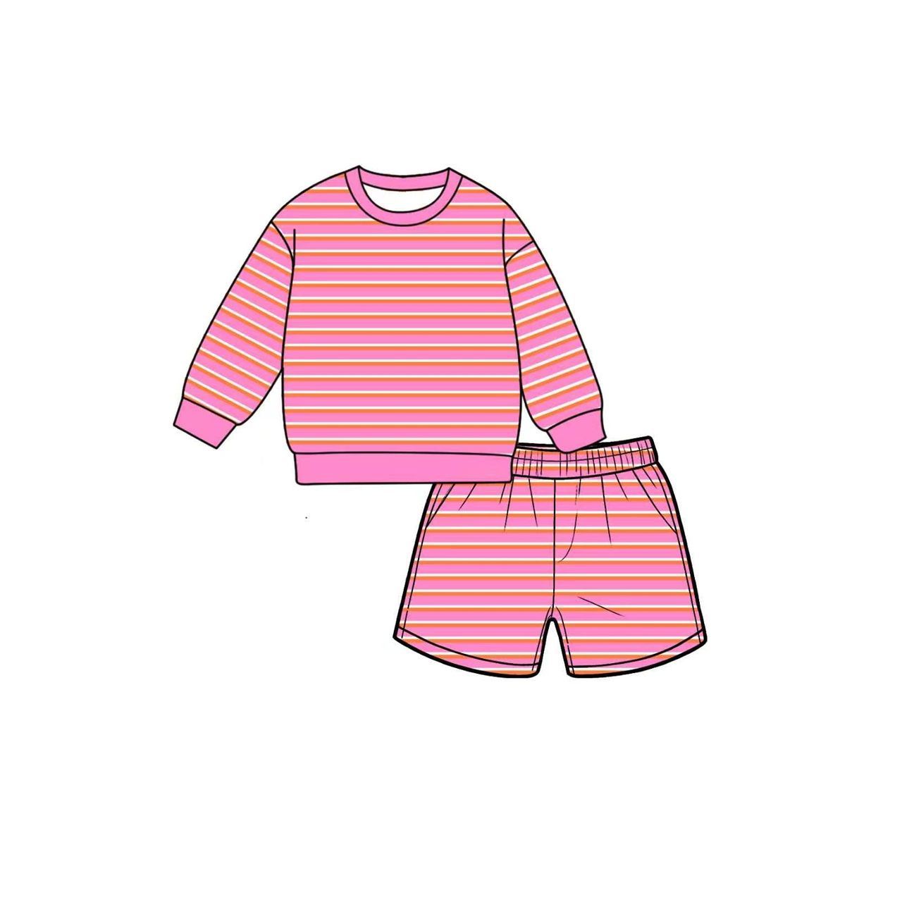 ( Moq 5 ) Preorder Baby Girls Kids Long Sleeves Pink Stripes Shirt Shorts Set Yoga Active Clothes