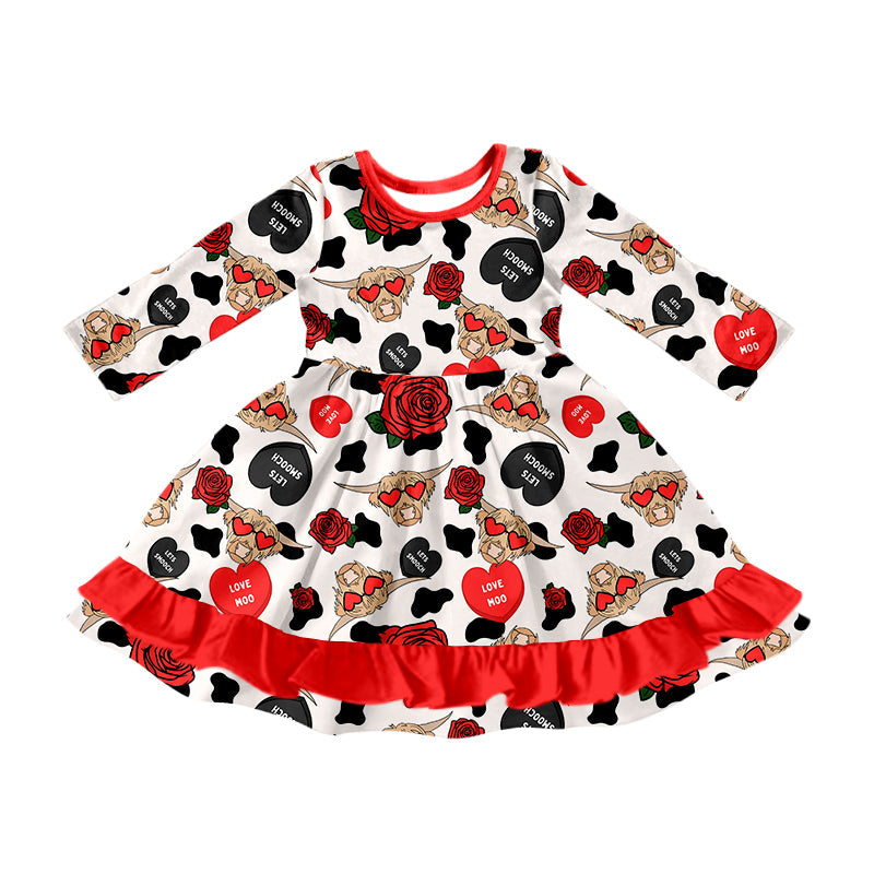 Baby Girl Long Sleeves Cow Hearts Valentine's Day Knee Length Dress Moq 5