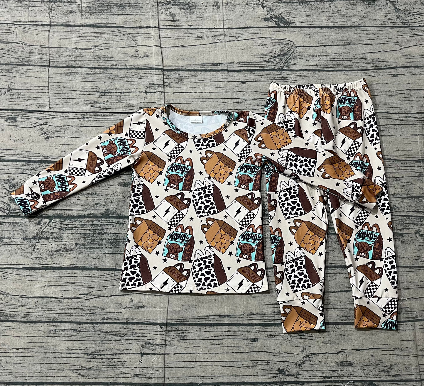 Baby Boys Long Sleeves Cow Print Shirt Pants Western Pajamas Set RTS