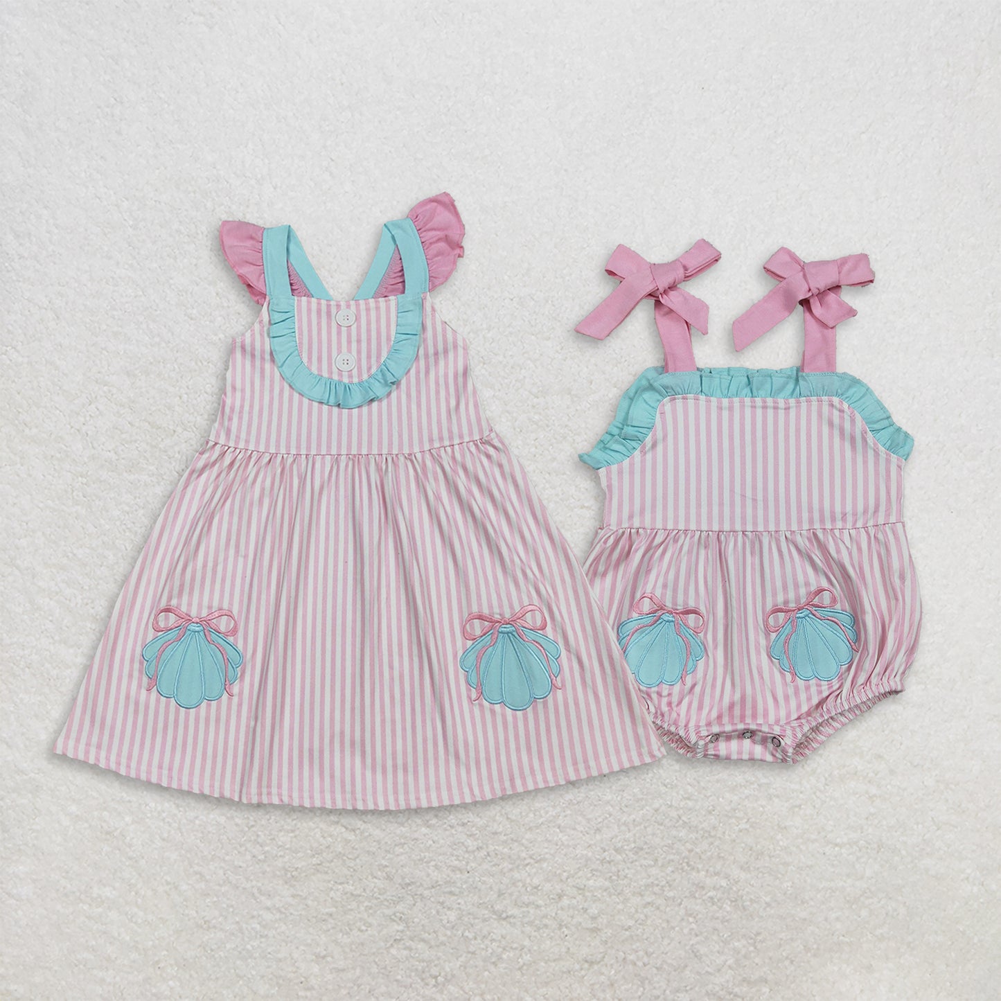 Sibling Baby Girls Kids Embroidery Shell Bows Stripes Romper Dress Clothes RTS