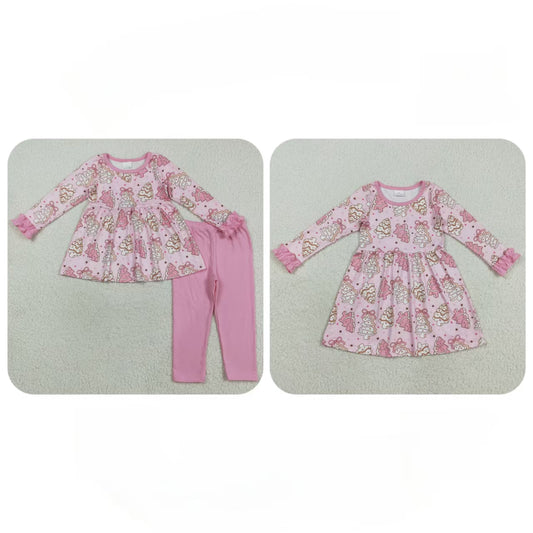 Kids Girls Long Sleeves Pink Cake Trees Sibling Christmas Dress Set Clothes RTS