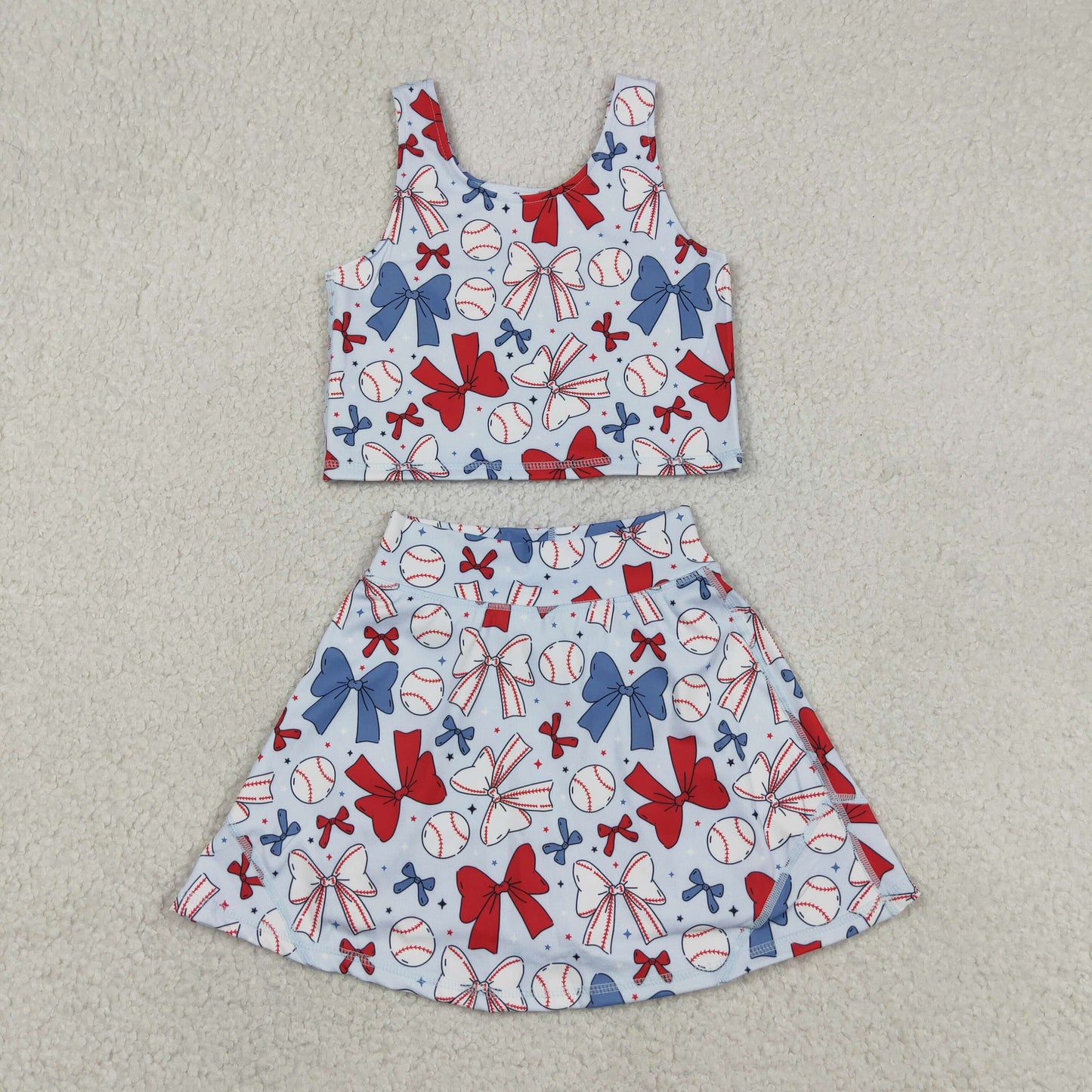 Baby Girls Kids Bows Baseball Shirt Skirt Shorts Yoga Active 4th of July Blue Set Clothes RTS