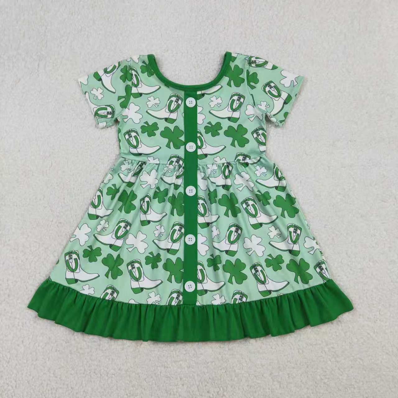 Sibling Baby Girls Kids Short Sleeves Clovers Boots St Patrick Green Romper Dress RTS