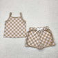 Baby Girl Strap Brown Checked Vest Tops Short Sports Set RTS