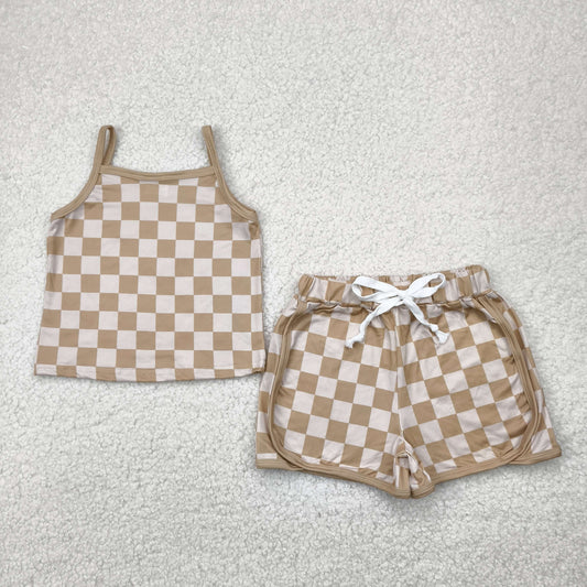 Baby Girl Strap Brown Checked Vest Tops Short Sports Set RTS