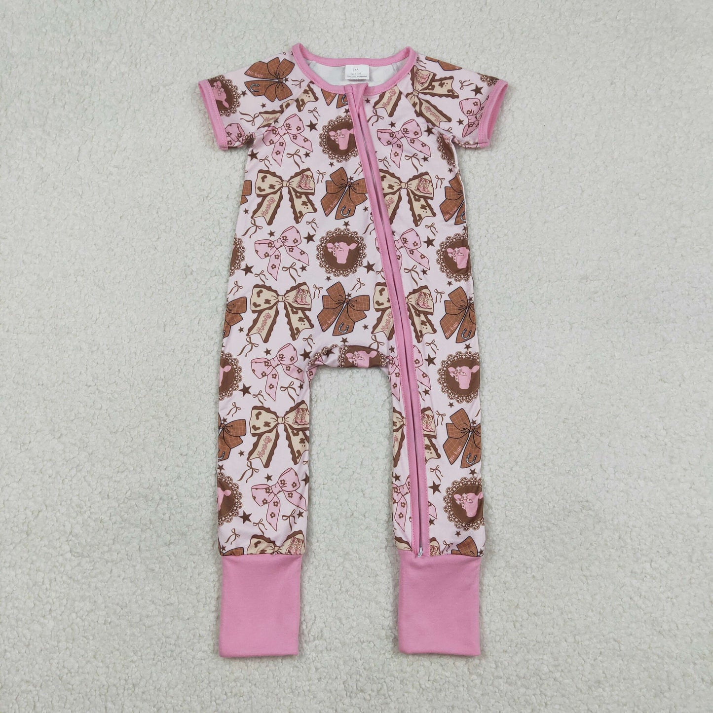 Baby Girls Short Sleeves Bows Boots Zipper Western Pink Romper RTS