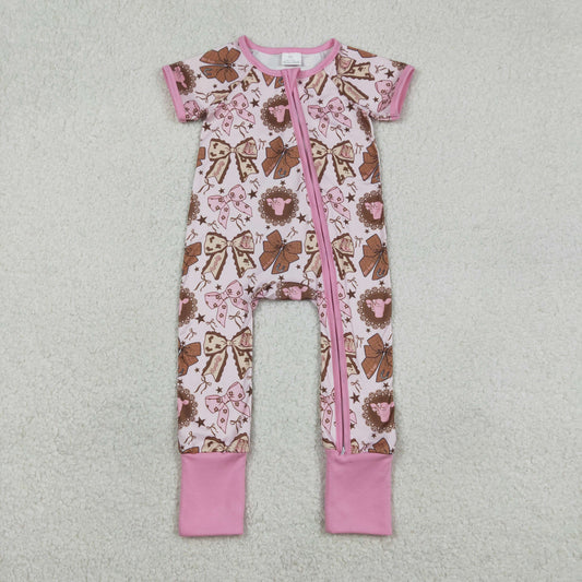 Baby Girls Short Sleeves Bows Boots Zipper Western Pink Romper RTS
