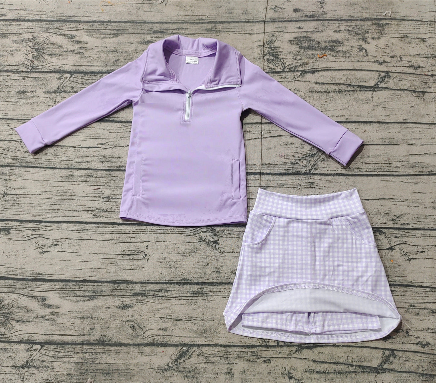 RTS Baby Girl Long Sleeves Purple Zipper Shirt Plaid Pocket Skorts Shorts Skirt Active Wear Clothes Set