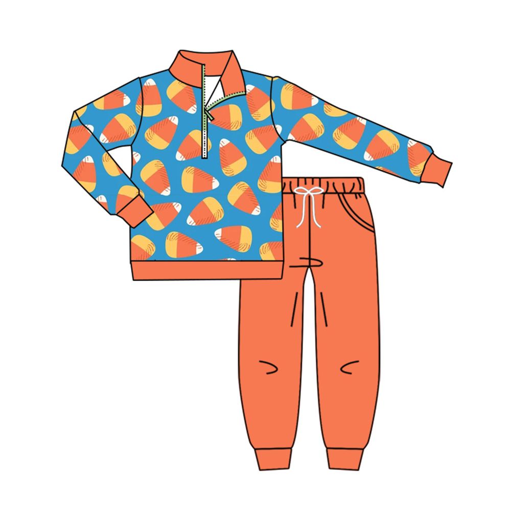 ( Moq 5 ) Preorder Baby Boy Kids Candy Corn Halloween Zipper Shirt Orange Pockets Pants Set Clothes