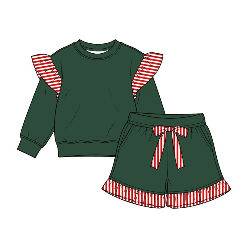 ( Moq 5 ) Preorder Baby Girls Kids Green Long Sleeves Tops Pockets Shorts Cotton Set Clothes