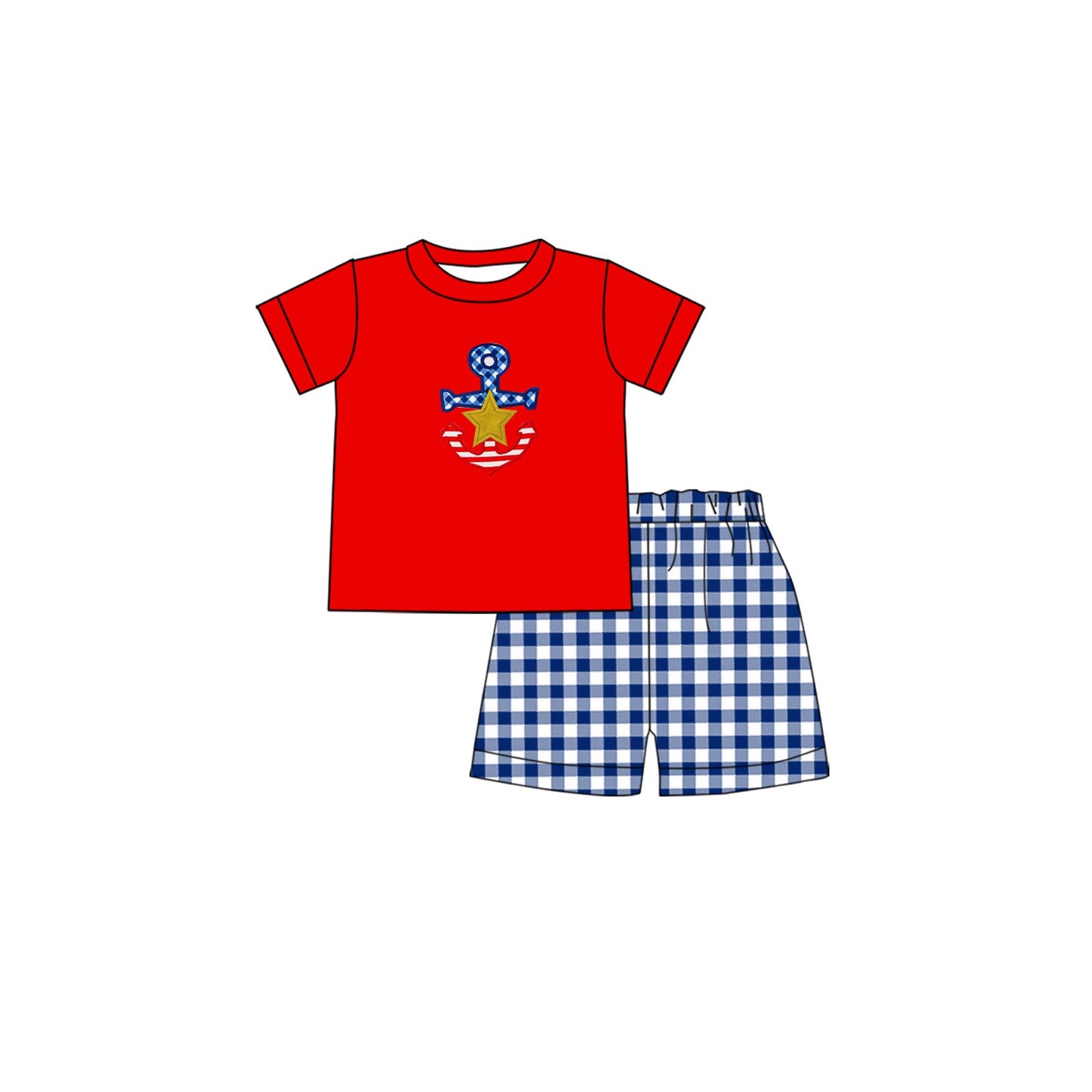 Moq 3 Pre-order BSSO0440 Baby Boy Red Shirt Blue Plaid Shorts July 4th Set