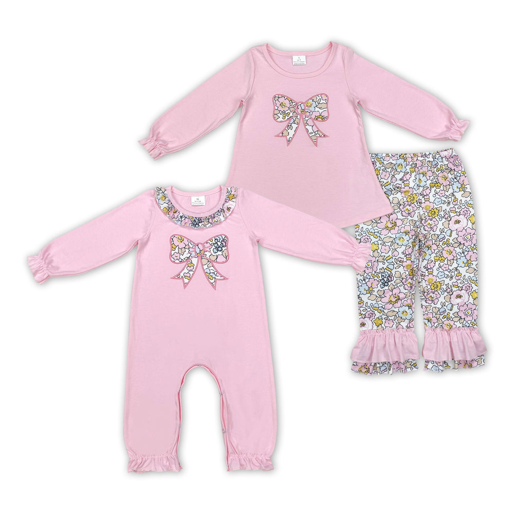 Baby Girl Toddler Embroidery Bows Flower Sibling Sister Pink Romper Clothes Set